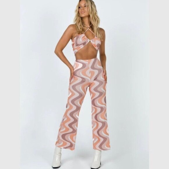 Princess Polly 70's  Inspired Colorful Swirl Orange Latiana Pants and To… - Picture 1 of 8